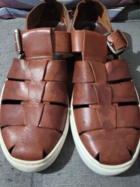Men's Tan Leather Woven Slip-On Loafers with Buckle
